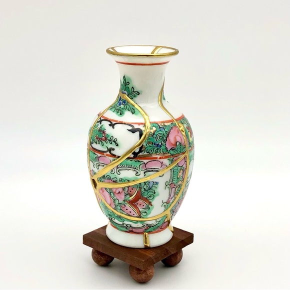 Chinese Famile Rose Kintsugi Vase Vintage Marked Gold Crack Japanese Growth Gift - Picture 10 of 14